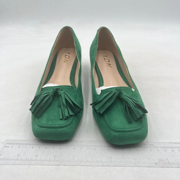 YDN Green Block Low Heel Loafers Square Toe Tassel Fringed Pump Slip On Shoe - Picture 3 of 8